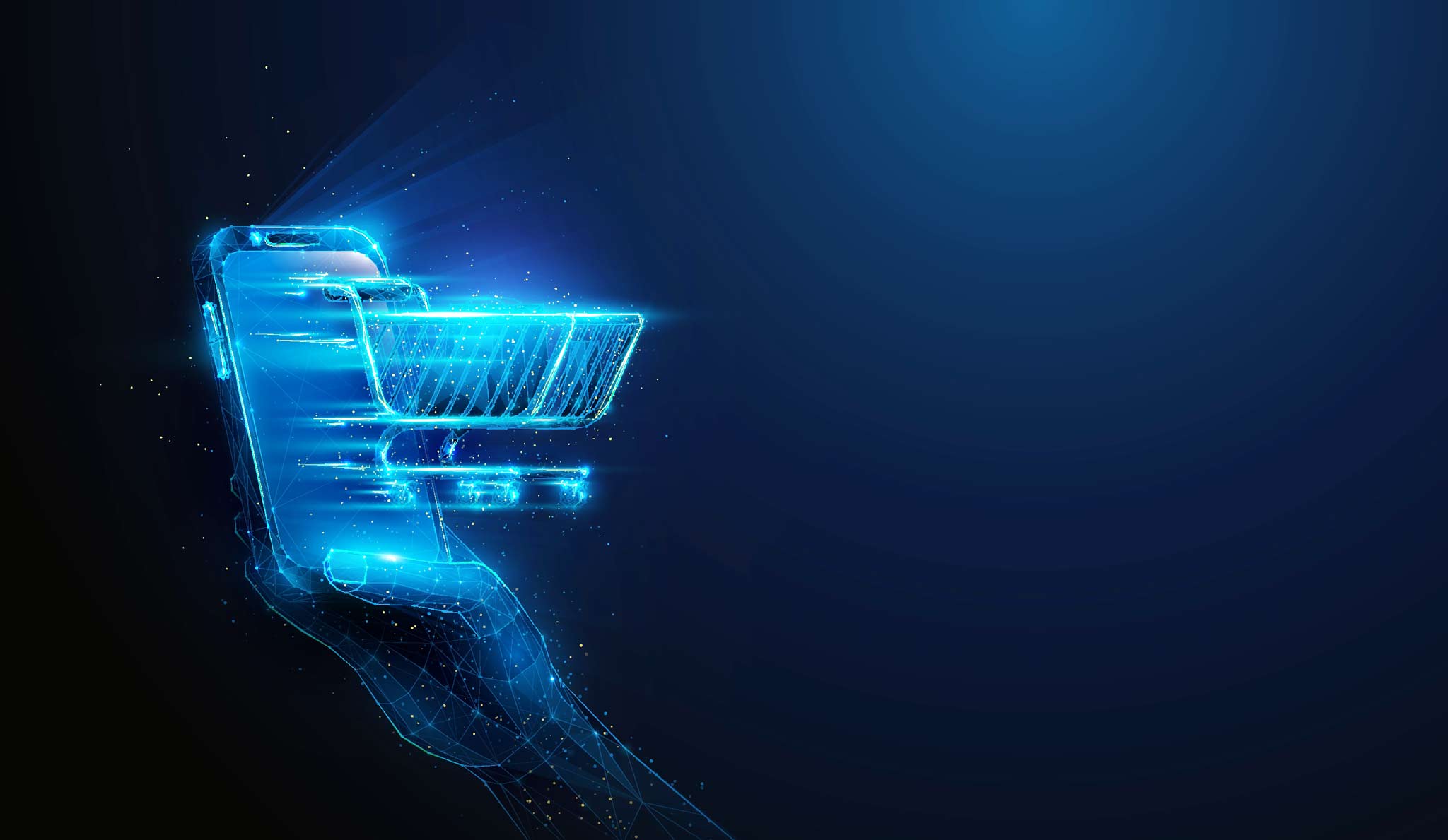 illustration of someone holding a smartphone with a shopping cart coming out of the screen for buying drugs online